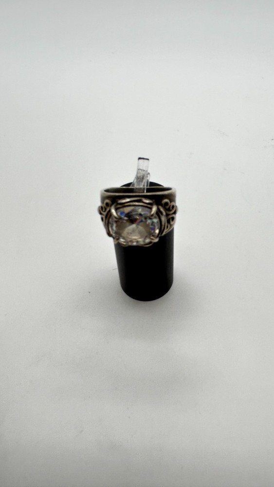 Unsigned Sterling Silver Clear Faceted Gemstone Ring Vintage Scrollwork Ring