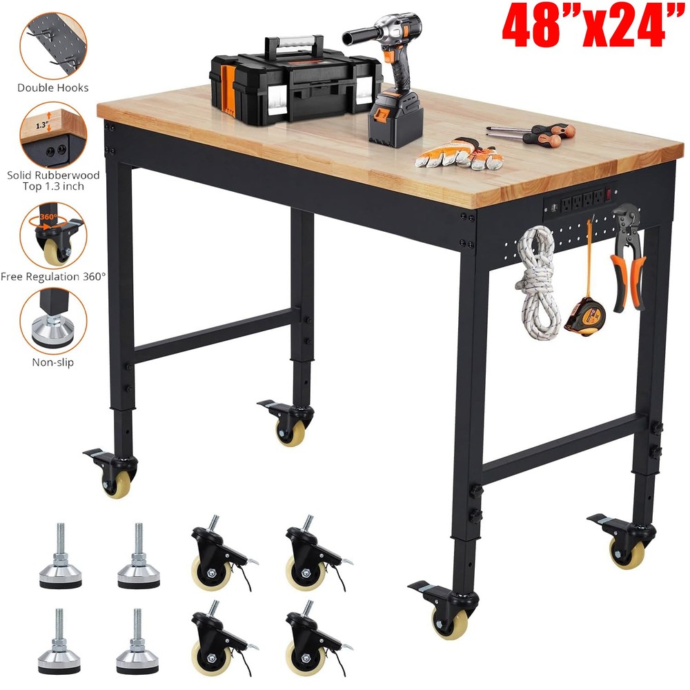 48" Workbench Adjustable Rubberwood Top Work Table with Rolling Casters 2000LB