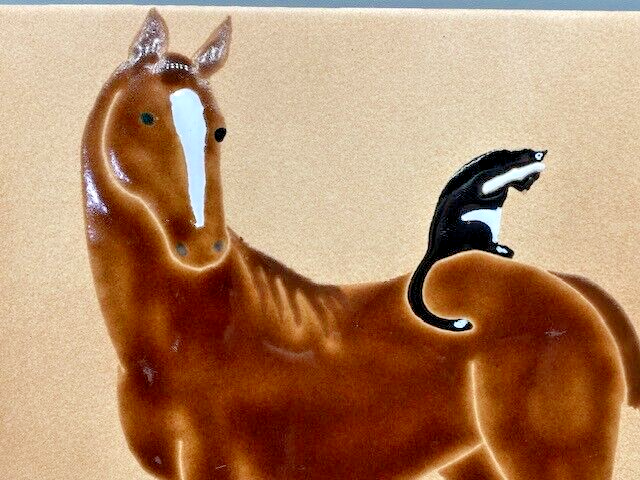 Ceramic Hand Painted Horse with Cat Tile Trivet 7.75" Square EUC