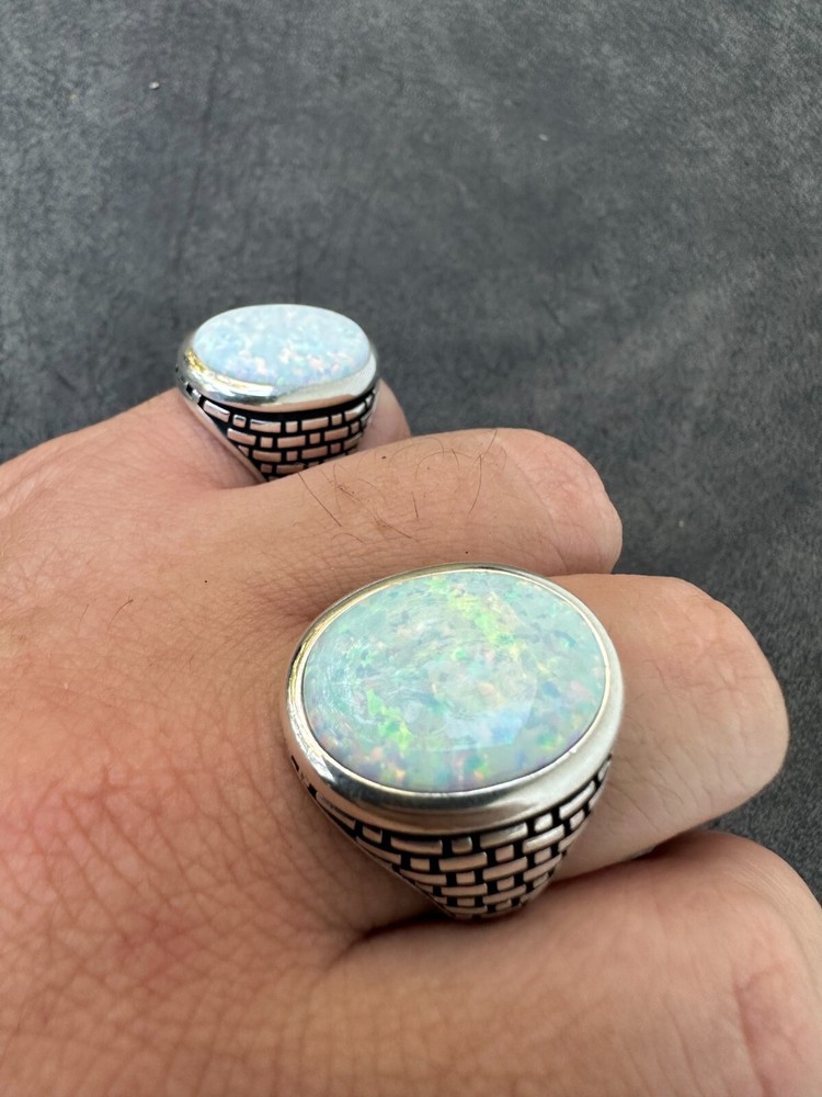 Real 925 Sterling Silver Lab Created White Fire Opal Gem Stone Ring Large Mens