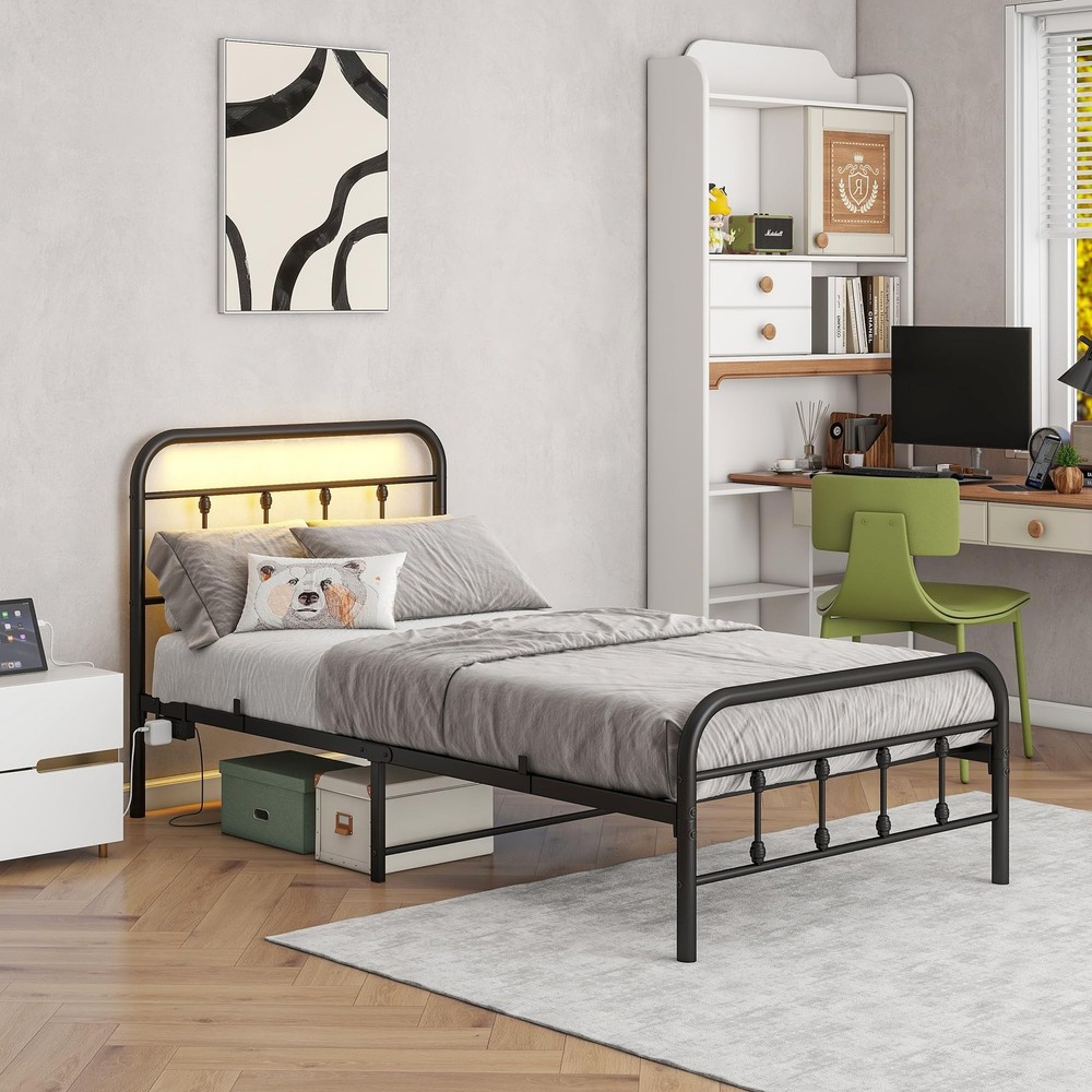Twin Size Bed Frame with Headboard,Platform Bed with Charging Station and LED...