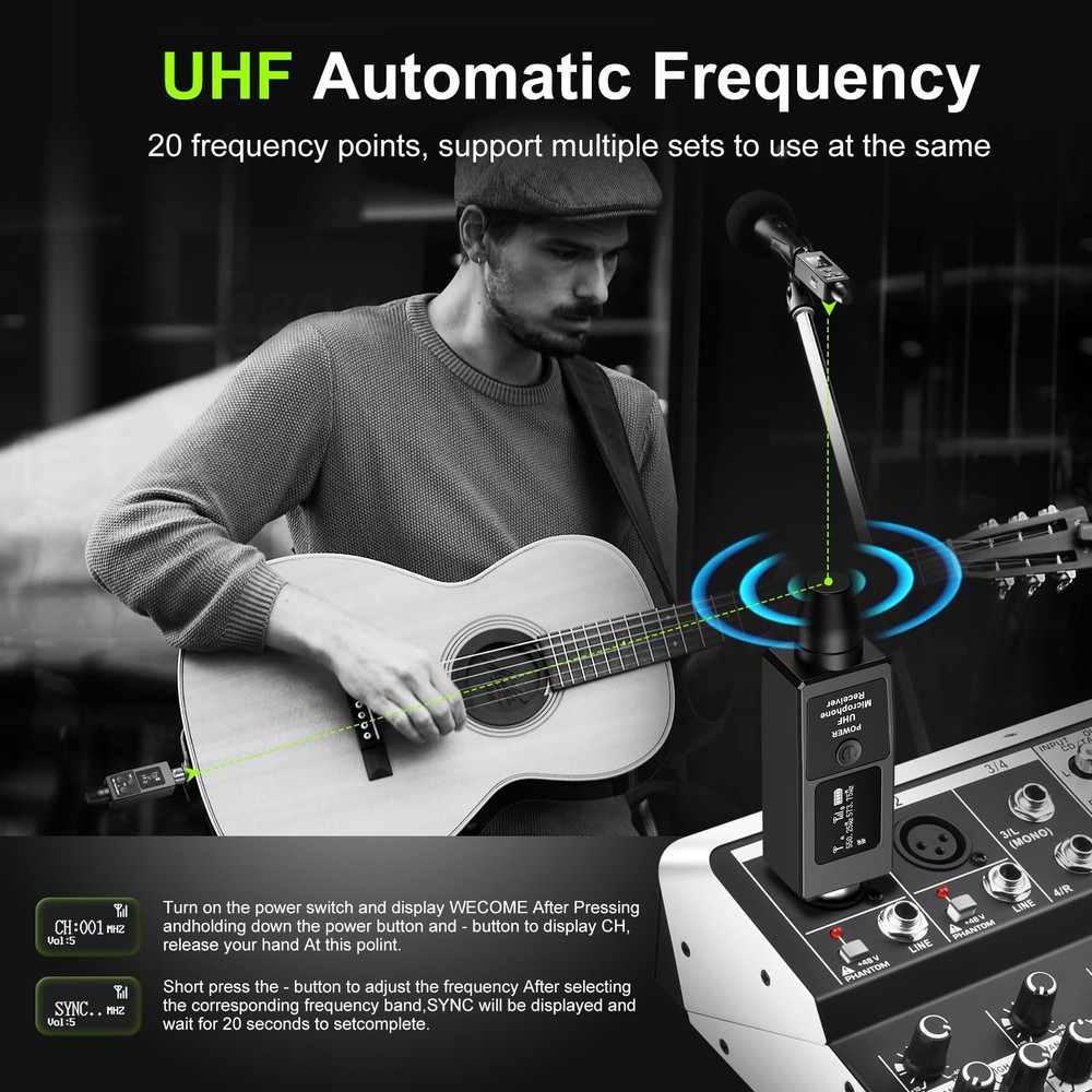 Wireless XLR Transmitter and Receiver Rechargeable Mic Adapter UHF 98ft Range...