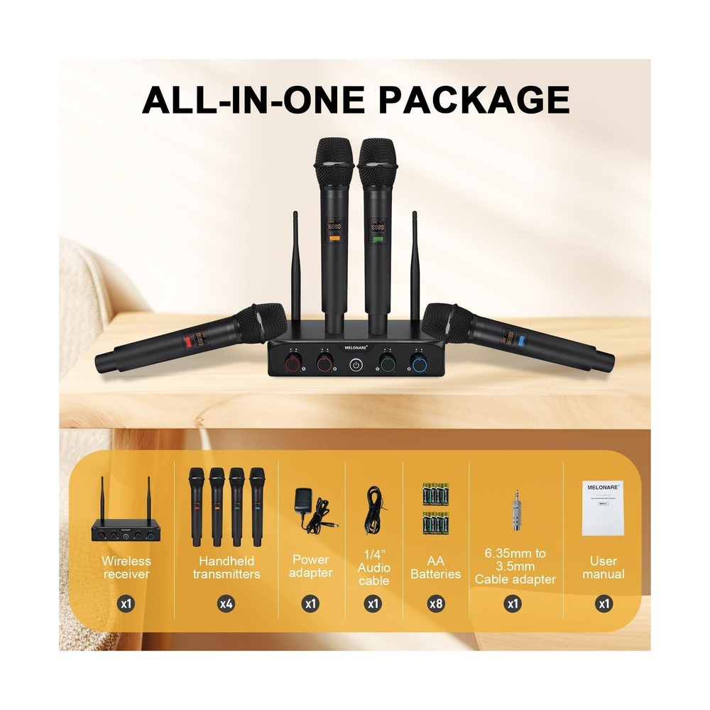 4-Channel Wireless Microphone System, UHF Compact Cordless Mic Set ... Fast Ship