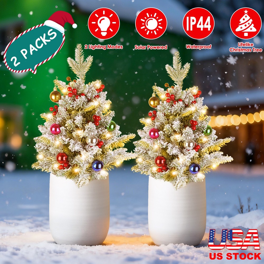 2Pack Lighted Artificial Christmas Tree with Solar String Lights Yard Decoration