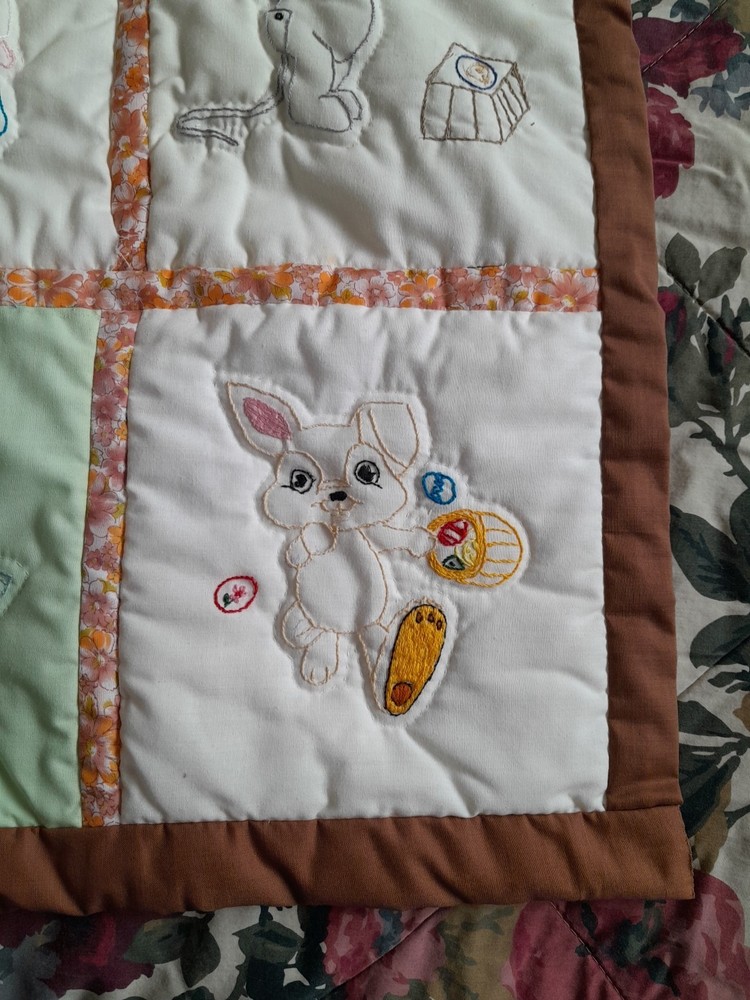 Vintage Handmade Embroidered Patchwork Crib Cot Pram Cover