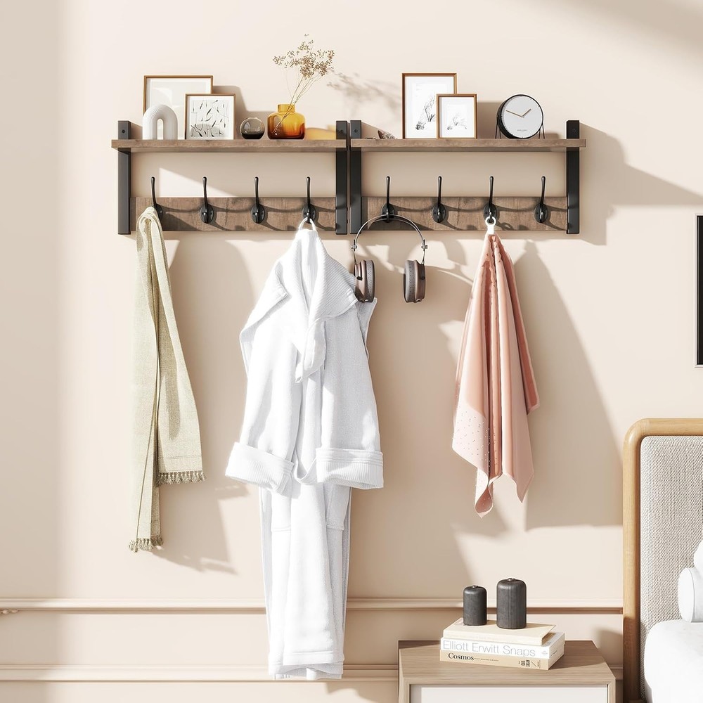 Versatile Wall Coat Hooks with Floating Shelf - 8 Hooks, 2 Pack in Silver Gray
