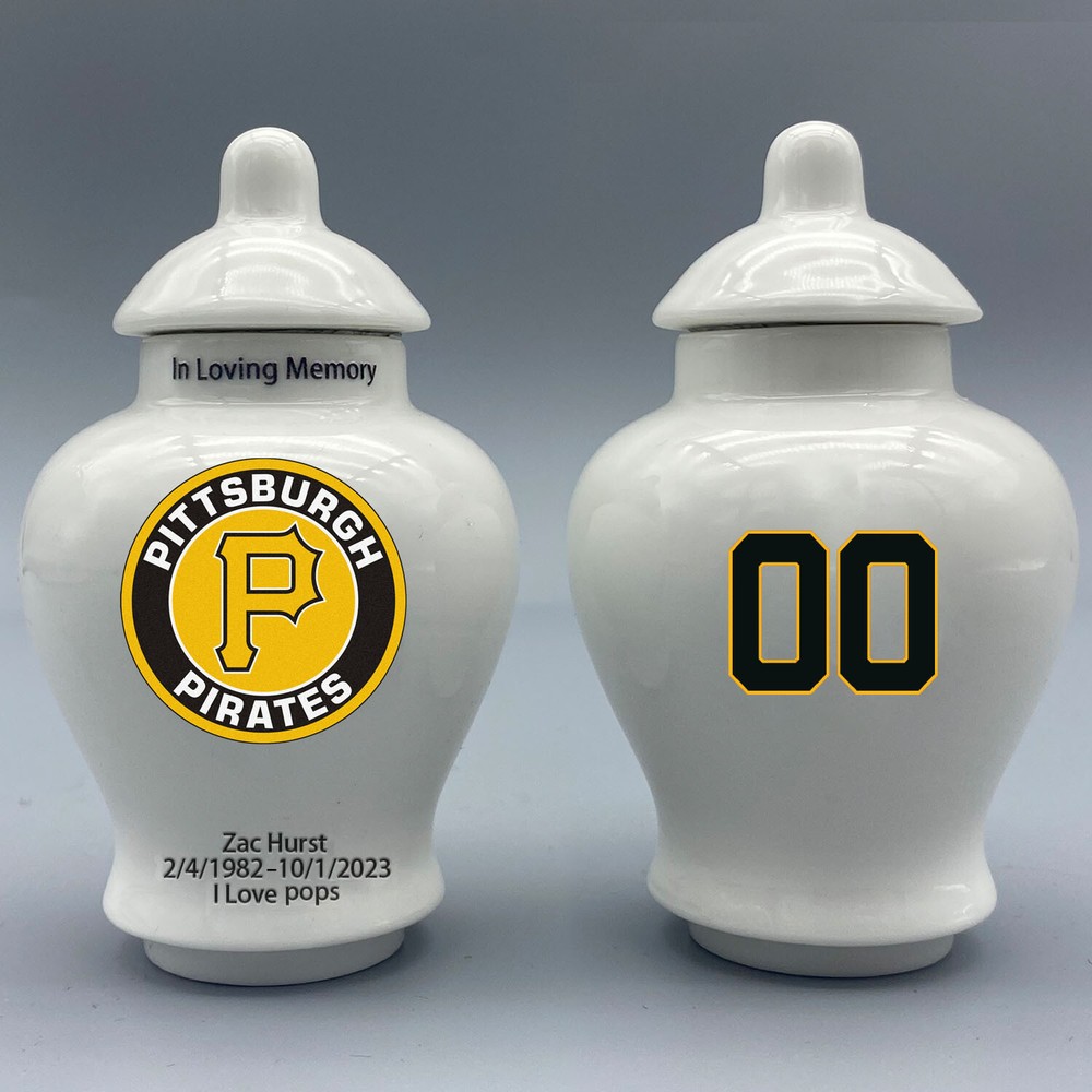 Ceramic Baseball Urn – Pittsburgh Pirates Theme, Custom Text & Number