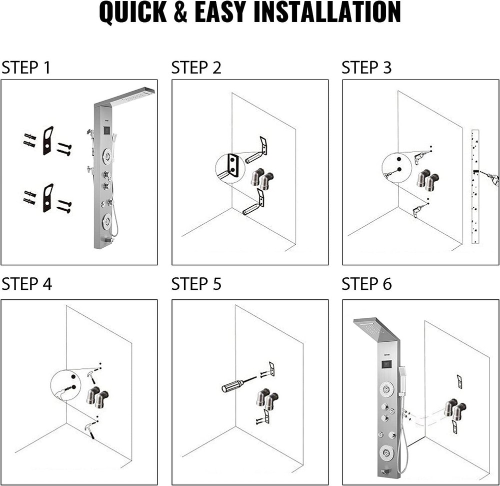 6 in 1 LED Shower Panel Tower System Rainfall and Mist Head Rain Massage