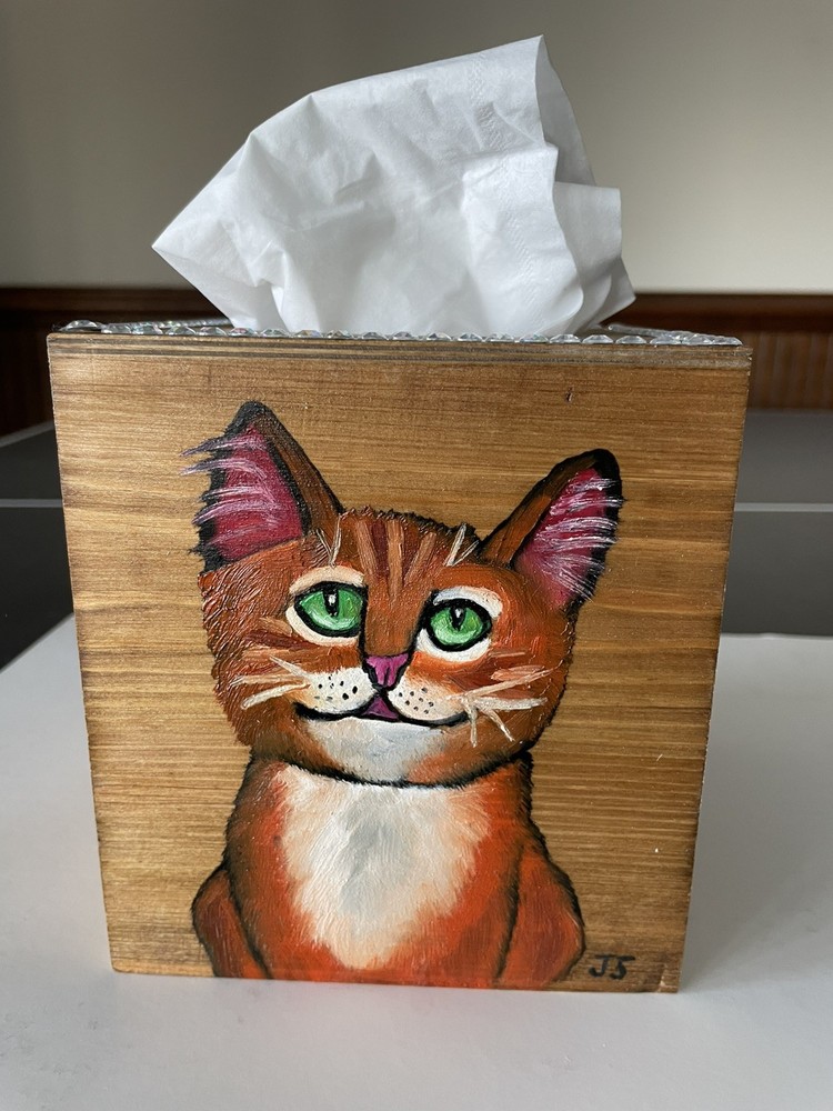 Hand Painted Tissue Box Holder Solid Wood cute orange tabby cat Decor