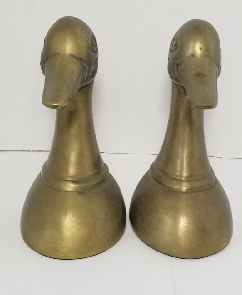 Vintage Solid Brass Mallard Duck Heads Bookends Pair Set