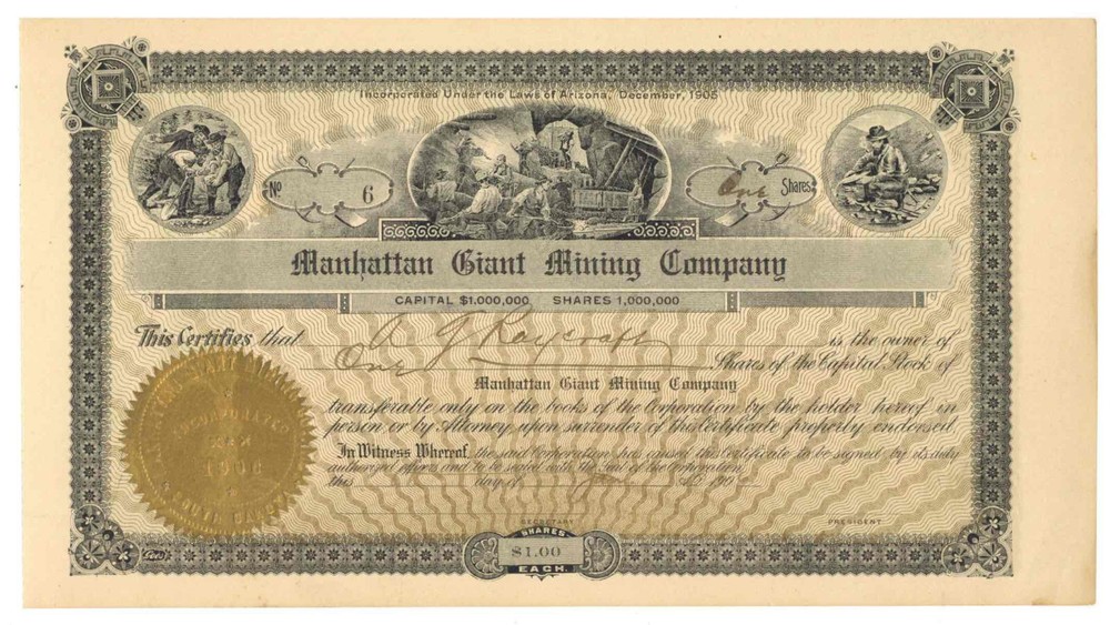 Manhattan Giant Mining Company. Stock Certificate