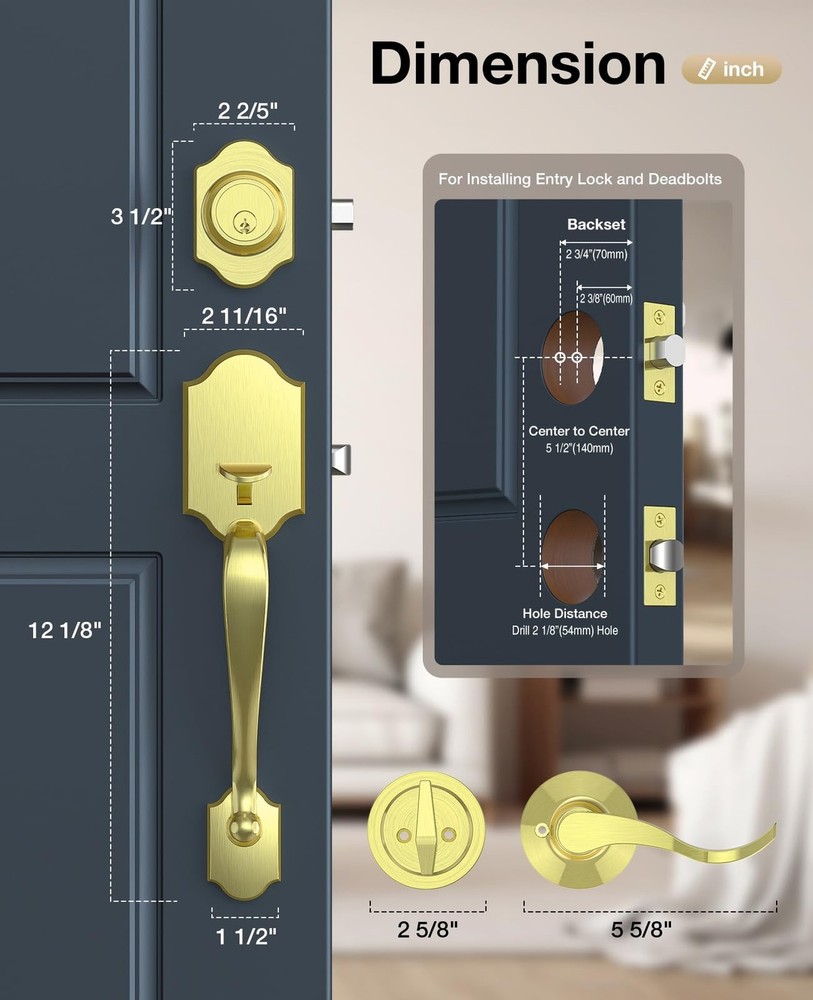 Brightify Brushed Gold Front Door Lock Set, Keyed Entry Door Handle with Dead...