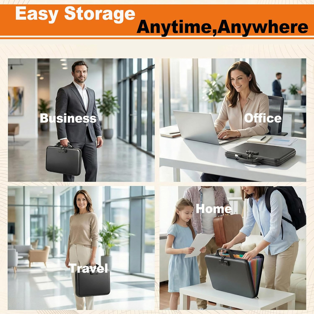 Fireproof Accordion File Organizer with Lock,Hard-Shell Fireproof Document Box w