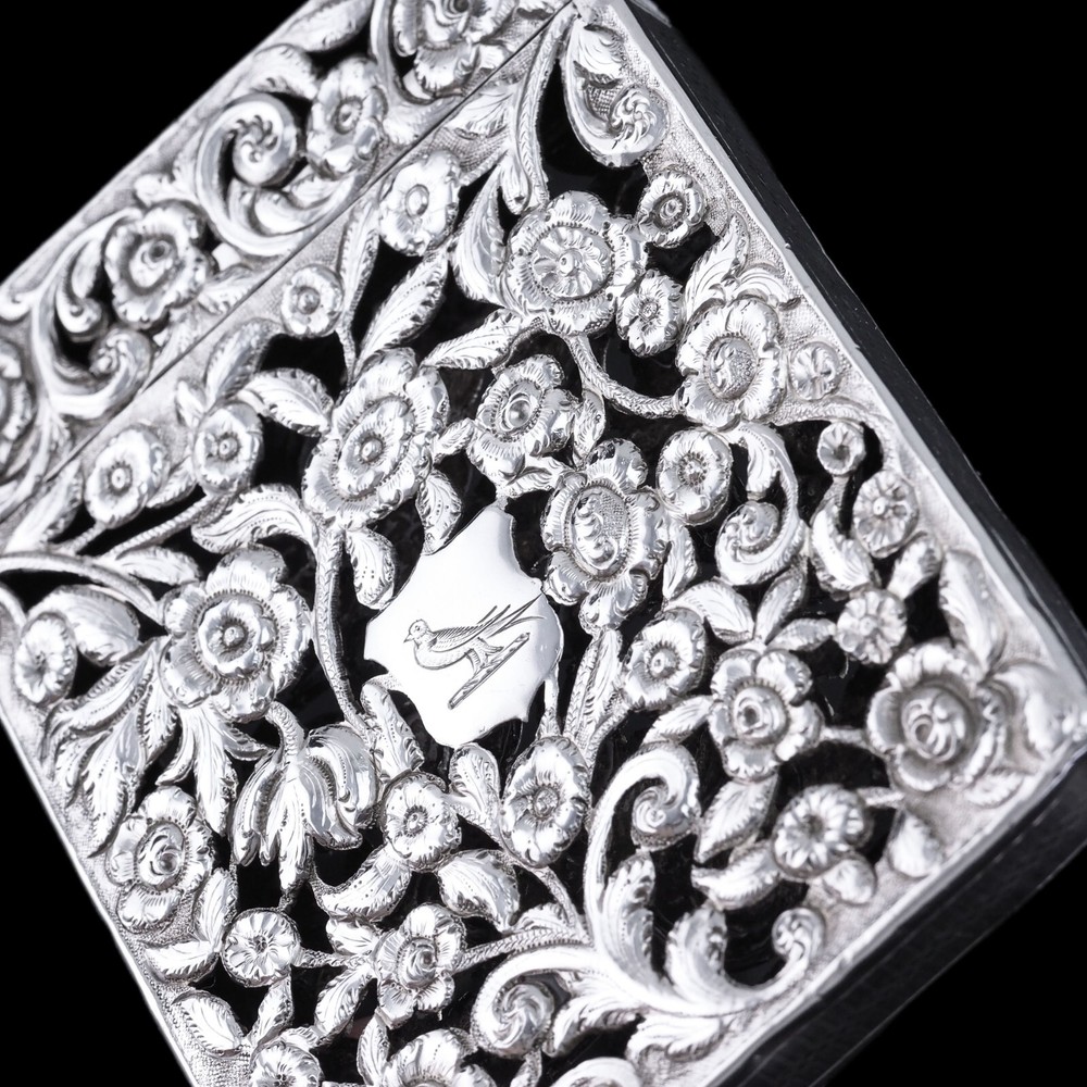 Antique Victorian Solid Silver Card Case Pierced Flowers - Francis Clark 1839