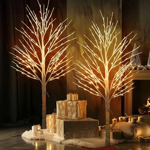2 Pack Lighted Birch Tree, 4 FT Total 96 LED Pre-lit Artificial Christmas