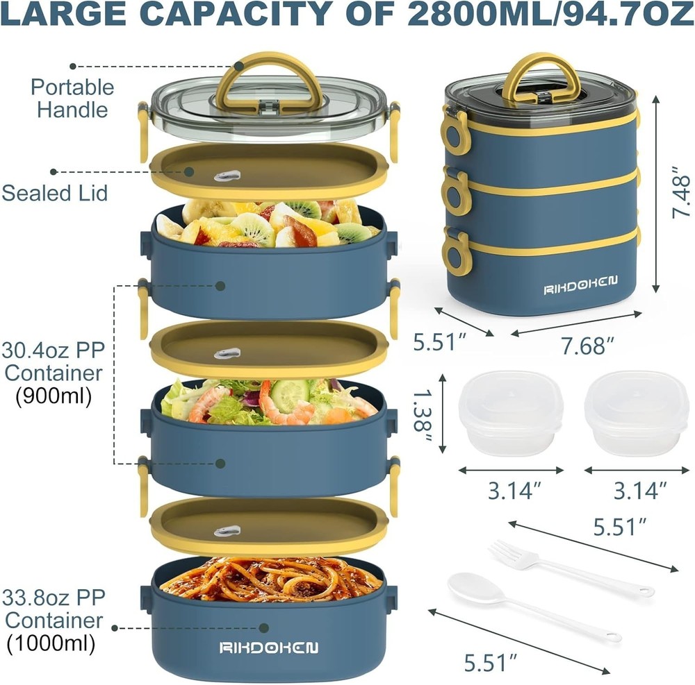 Lunch Box Stackable 3 Layers Containers Portable 94OZ Large Capacity Leakproof