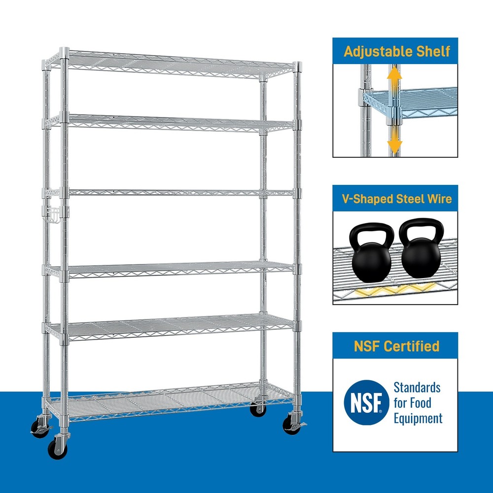 6-Tier Rolling Wire Shelving Unit - Heavy Duty, Adjustable, Hooks & Silver