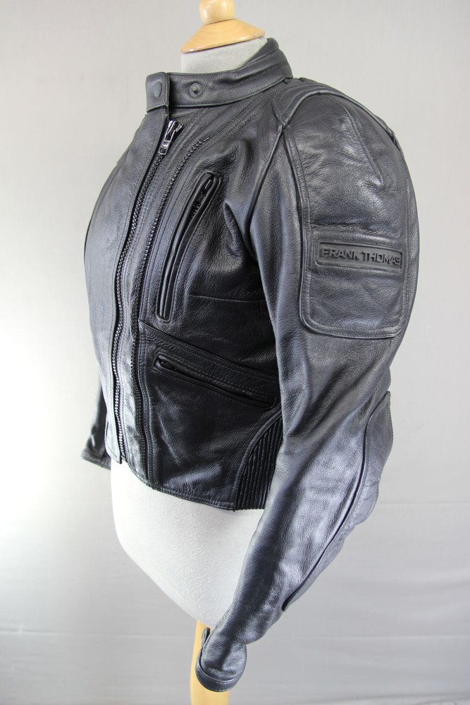 FRANK THOMAS BLACK LEATHER BIKER JACKET WITH CE ARMOUR & THERMAL LINING: SIZE 12