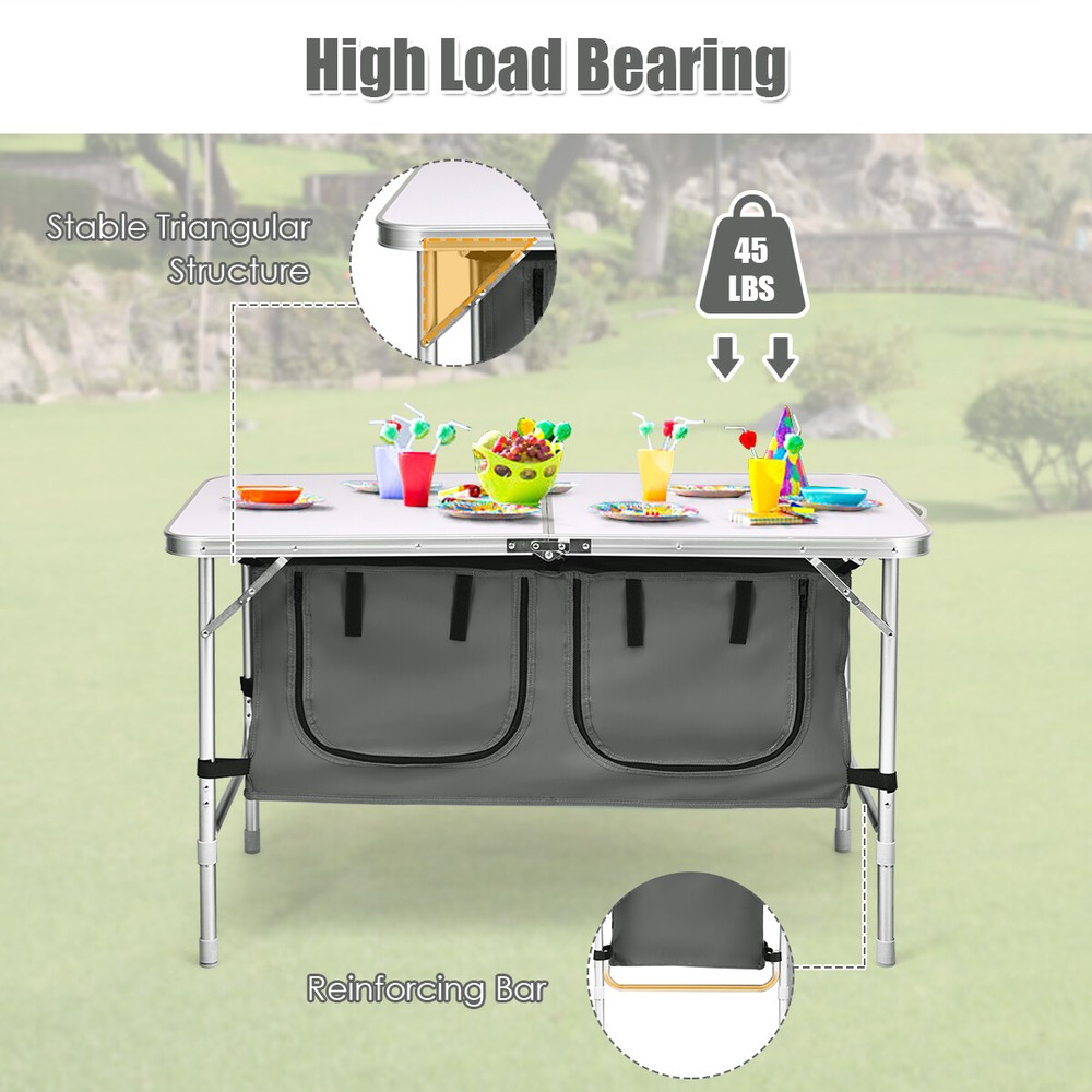 Folding Camping Table Aluminum Height Adjustable w/ Storage Organizer Grey