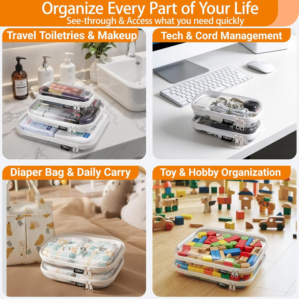 6 Pack Clear Hard Shell Zipper Case (4 Small & 2 Medium), Hard Plastic Organizer