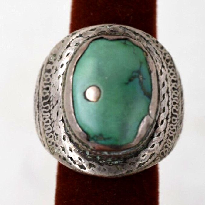 Hand Made Silver & Turquoise Large Ring 34g Size 7