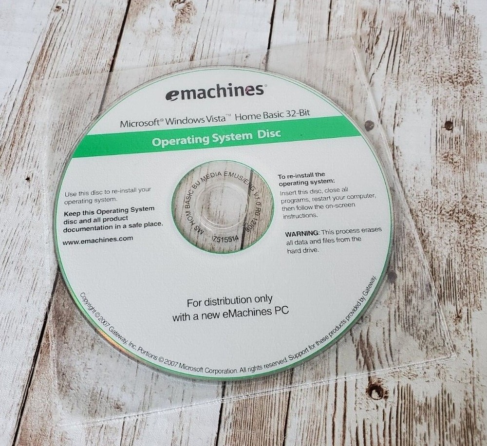 2007 eMachines Operating System Disc Microsoft Windows Vista Home Basic 32-Bit