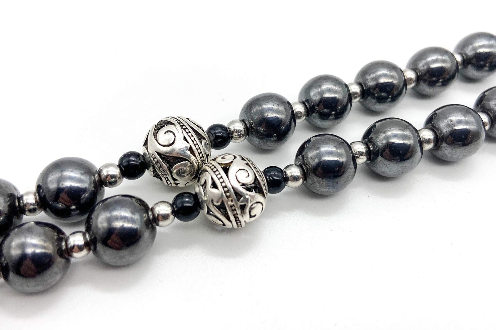 Hematite Rosary Black Stone Beads Metal Beaded Necklace Mary Miraculous Medal