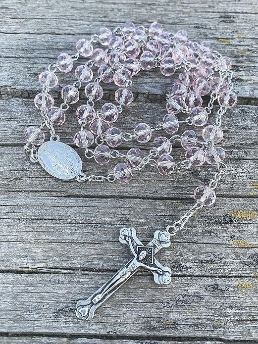 Pink Crystallized Glass Beads Rosary Necklace with Miraculous Medal