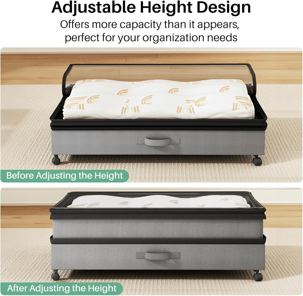4 Pack Height-Adjustable Under Bed Shoe Storage with Wheels - Gray