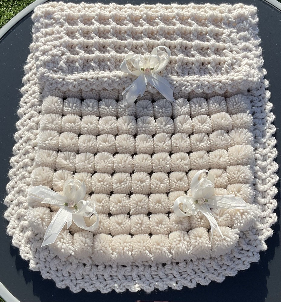 Beautiful Thick Pom Pom Blanket Pram Size beige