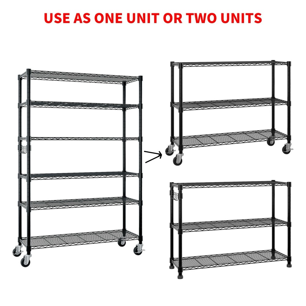 6-Tier Rolling Wire Shelving Unit - Heavy Duty, Adjustable, Hooks & Black