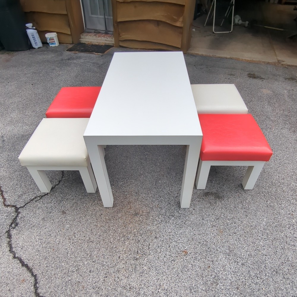 Vintage 80s Postmodern Laminate Parsons Table with 4 Upholstered Stools