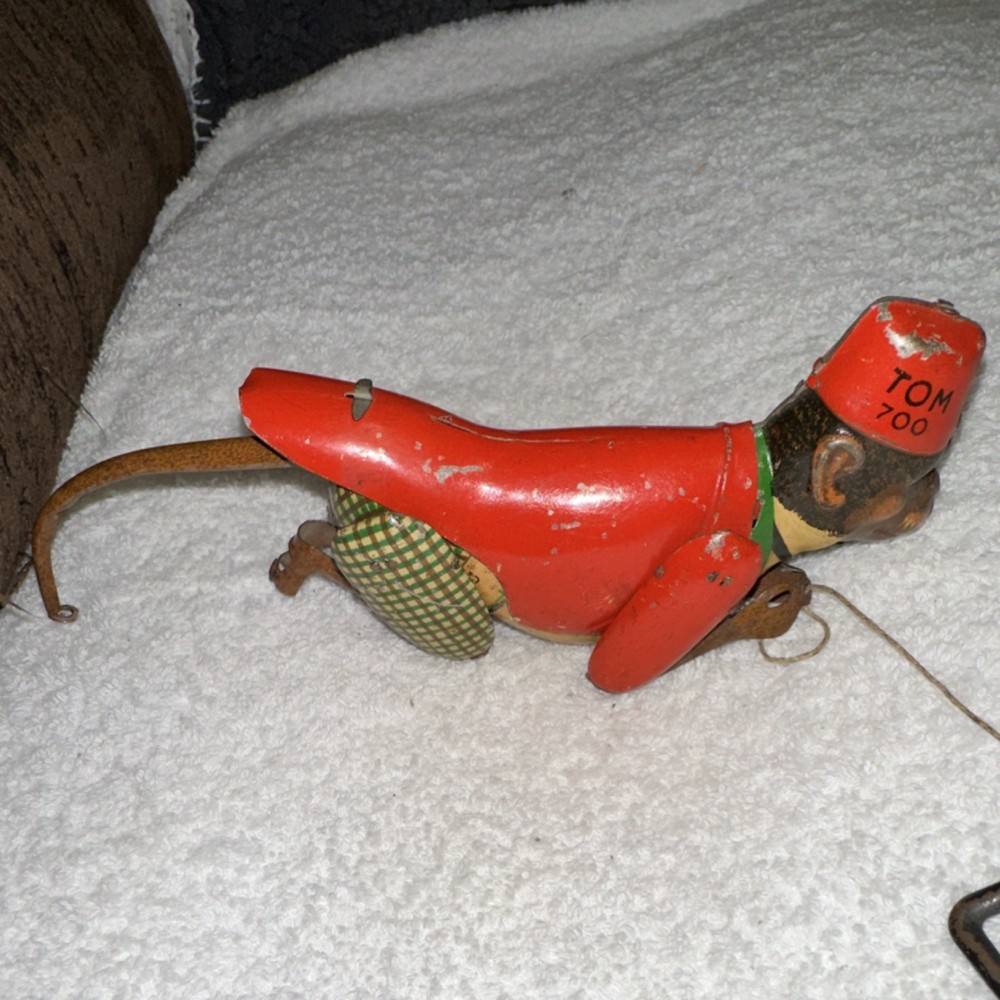 TOM Vintage Tin Monkey Pull Toy Red Jacket