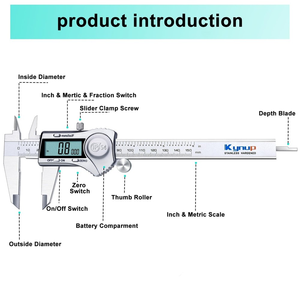 Kynup Digital Caliper, Caliper Measuring Tool Outside 150mm, Silver