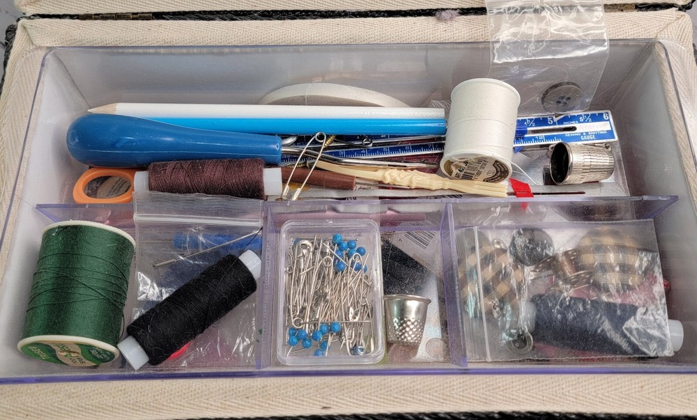 Sewing Basket Loaded Thread Scissors Box of Buttons One Tray Thread Pullers READ
