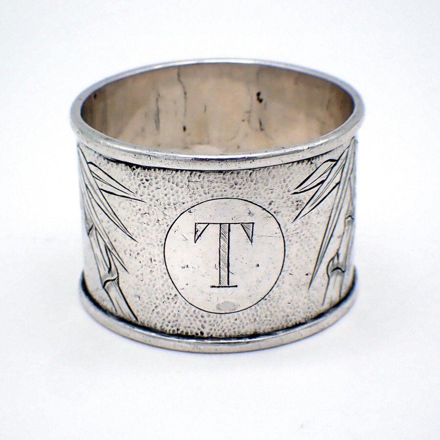 Hammered Napkin Ring Bamboo Engravings Sterling Silver Mono T