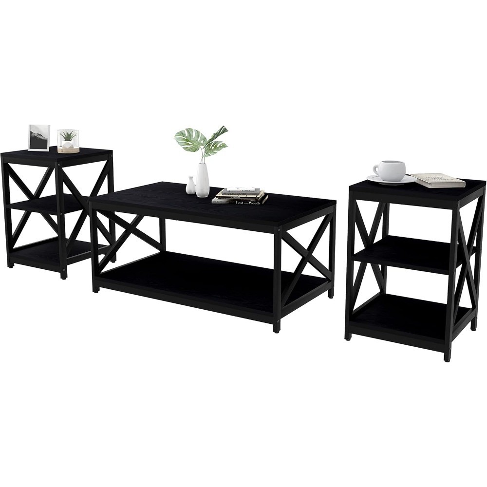 Large Storage Industrial X-Design 3-Piece Coffee Table Set with 2 End Side