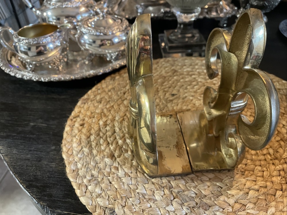 Vintage Brass Bookends Fleur De Lis Book Ends Solid Brass Hollywood Regency