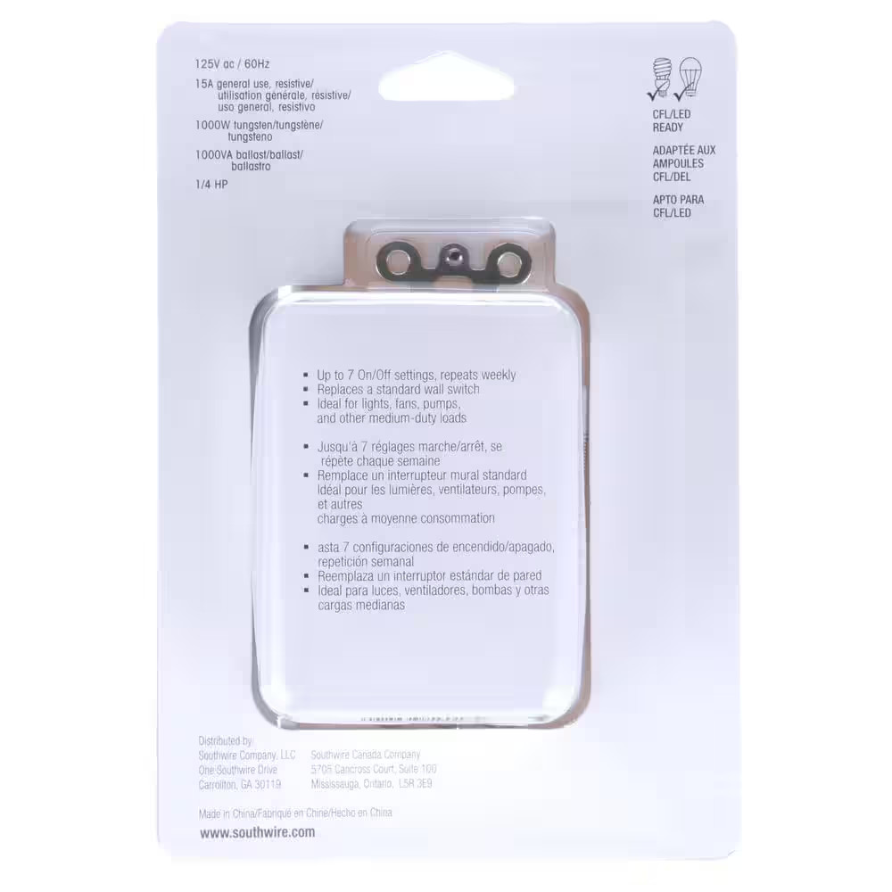 15-Amp 7-Day In-Wall Programmable Digital Timer Switch, White