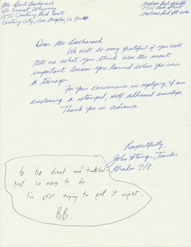 Burt BACHARACH / Autograph Note Signed initials / Unsigned Sheet Music
