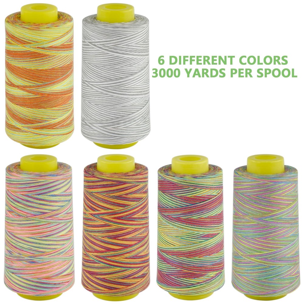 Rainbow Variegated Polyester Serger Sewing Thread 6 Cones 3000 Yards Overlock