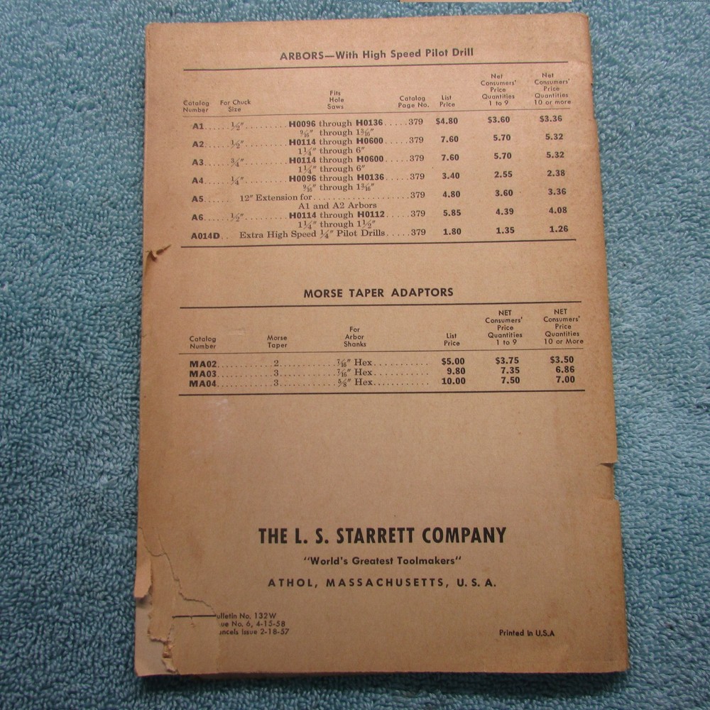 Starrett Tools Resale Net Price Book 1958