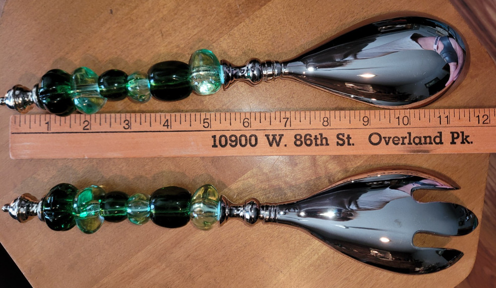 Silver Tone Salad Serving Spoon/Fork with Green Beaded Handles
