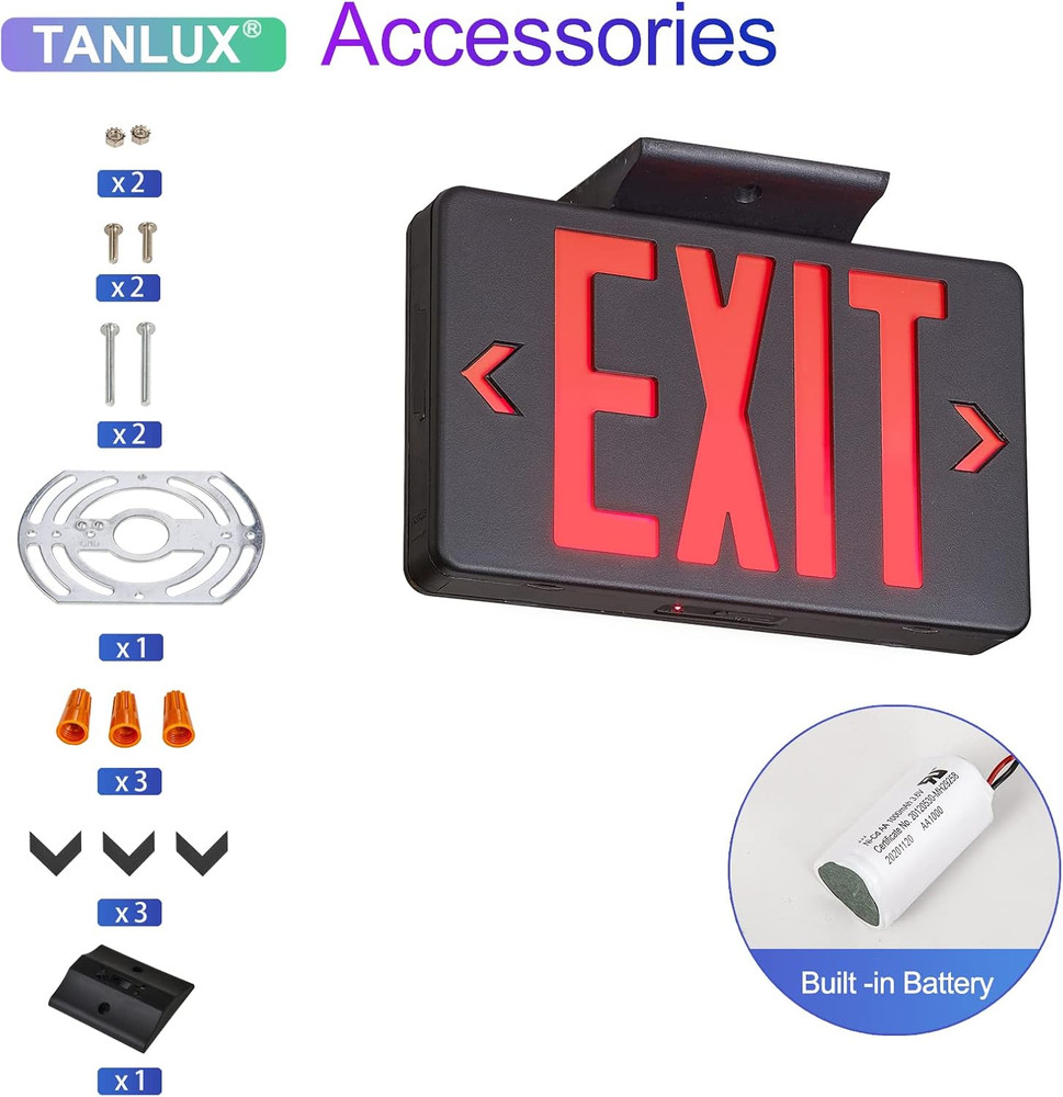 TANLUX Red Exit Sign with Black Housing, LED Emergency Exit Light with Battery B