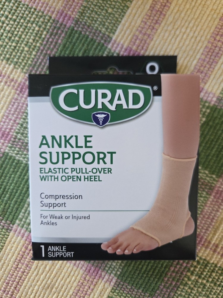 Curad Ankle Support Elastic Pull Over Open Heel + Toe One Size Med To Large New