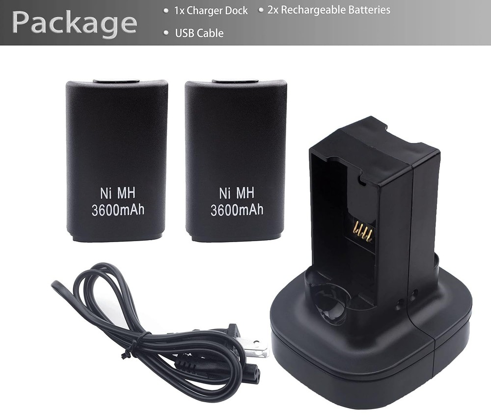 2-Pack Xbox 360 Controller Rechargeable Battery (3600mAh) with Dual Charging ...