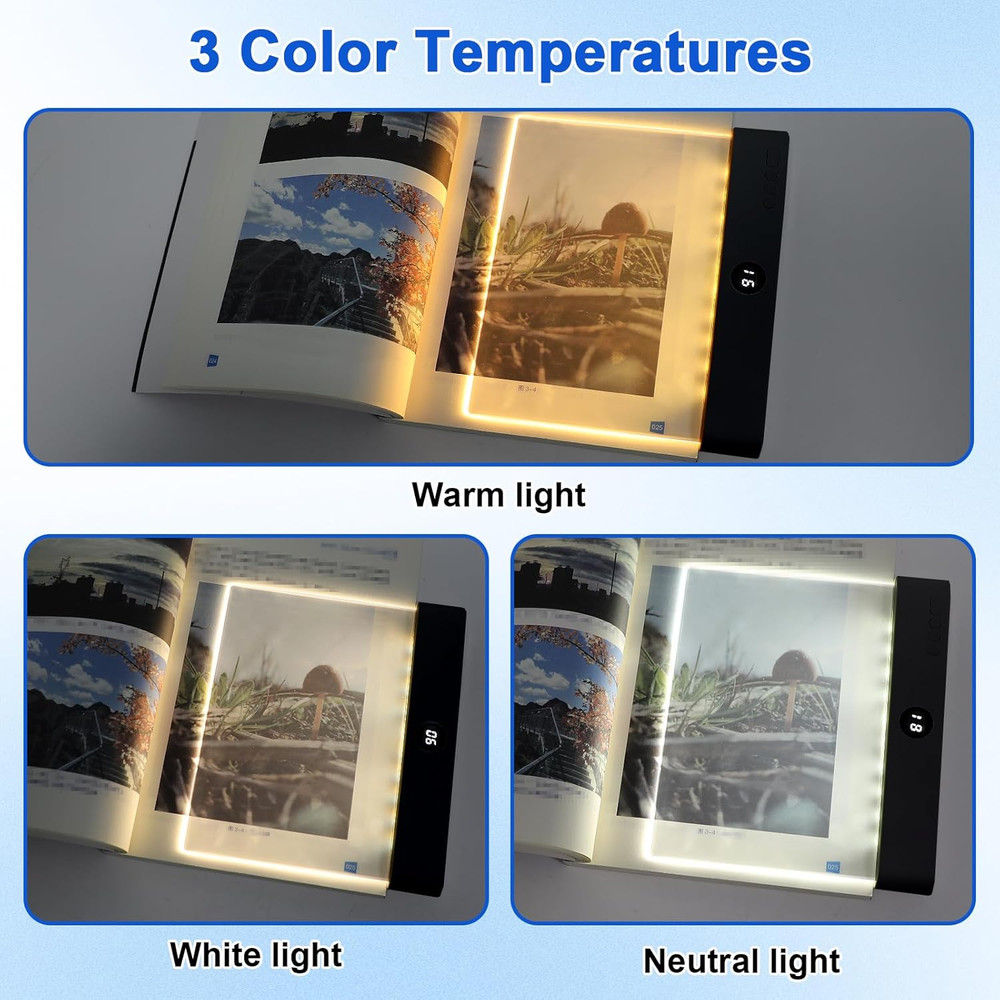 Smart Flat Book Light, Rechargeable Clear LED Reading Light with 3 Colors & Time