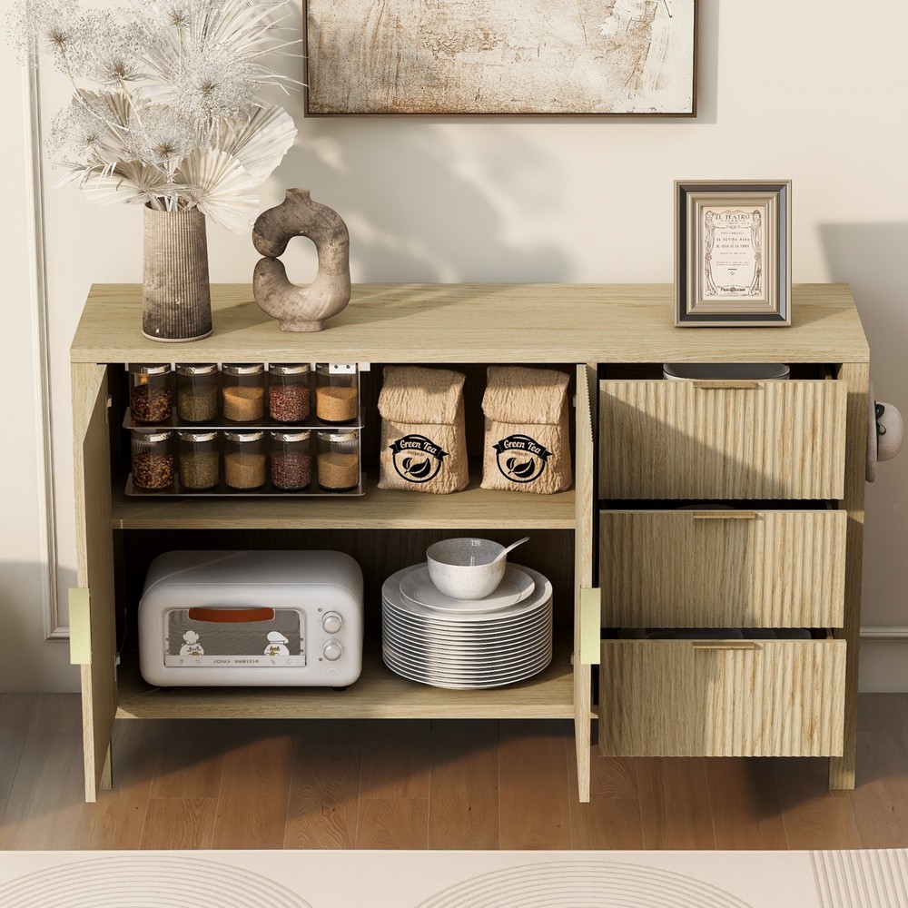 U-Style Modern Wave-Pattern Sideboard (3 Drawers, Hooks, Extra Leg, Large Storag