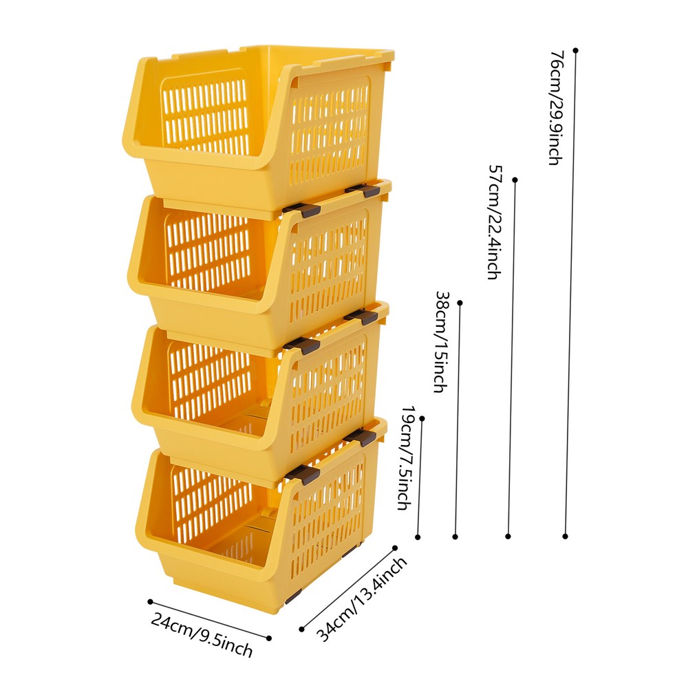 Set of 4 Stacking Storage Baskets Movable PP Storage Bins For Kitchen, Bedroom