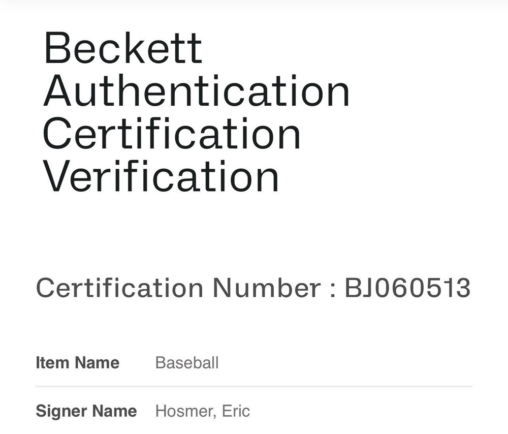 ERIC HOSMER LICENSED BECKETT AUTHENTICATED SIGNED NEW MANFRED MLB GAME BASEBALL